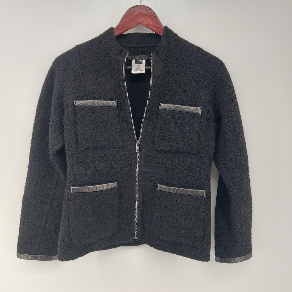 Theory Wool Blazer with lambskin Leather trim Size 4 Black